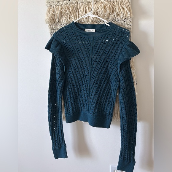 Nation LTD Kay Crochet Knit Ruffle Shoulder Pima Cotton Long Sleeve Sweater XS - Picture 2 of 6